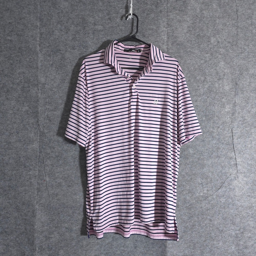 RLX Ralph Lauren Men Striped Golf Polo Shirt Pink Blue Wicking Performance Sz L